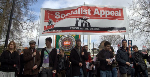  Socialist Appeal comrades marching en bloc towards the front of the procession.