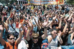 The demonstrators outside the Greek ministry of Education