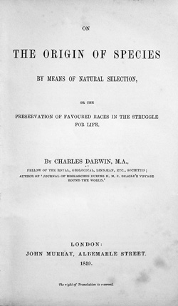 The title page of the 1859 edition of On the Origin of Species