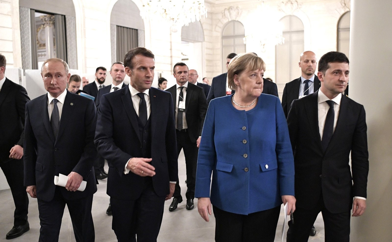 Putin Macron Merkel Zelensky Image kremlin.ru Wikimedia Commons