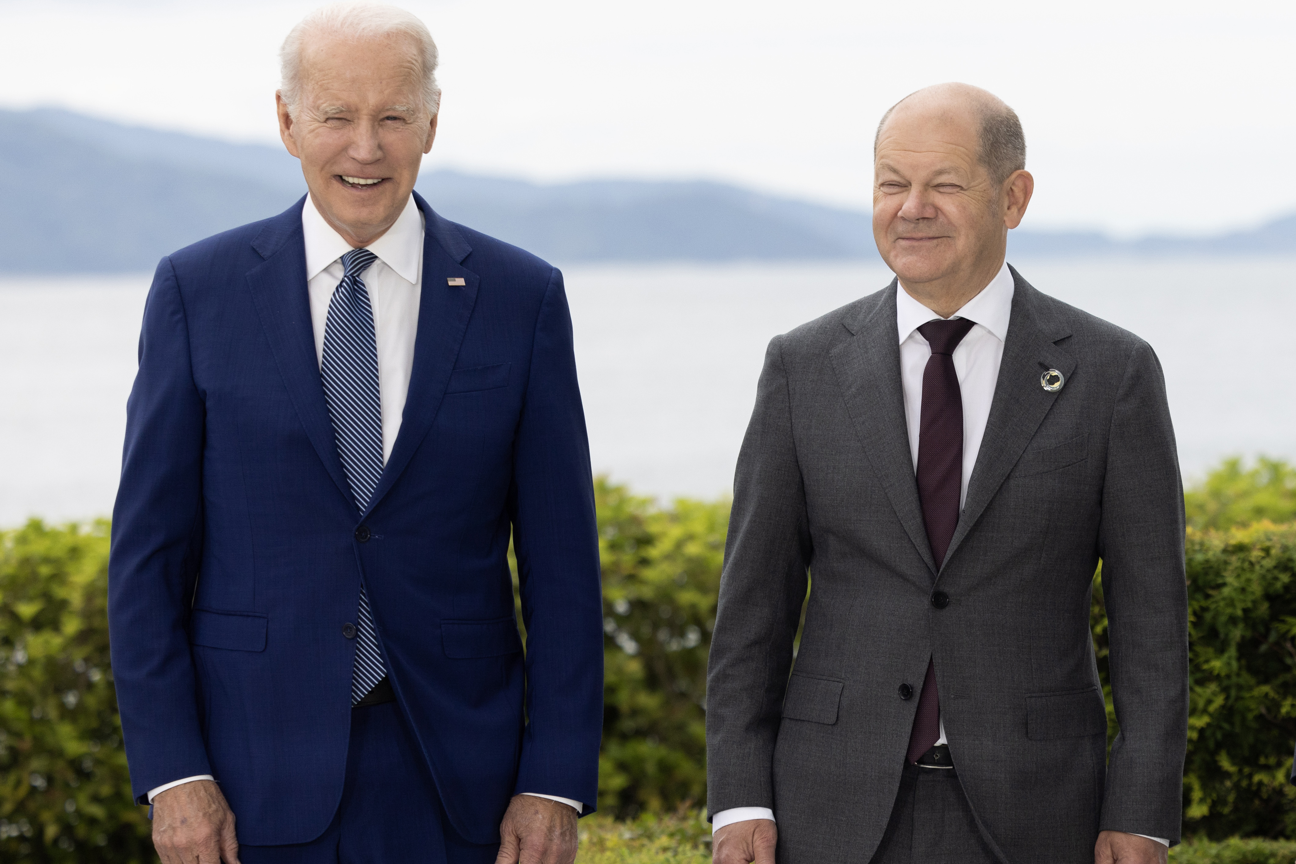 20/05/2023. Hiroshima, Japan. Prime Minister Rishi Sunak stands with Olaf Scholz, Chancellor of Germany, and Joe Biden, President of the United States on the second day of the G7 Leaders Summit in Hiroshima Japan. Picture by Simon Dawson / No 10 Downing Street